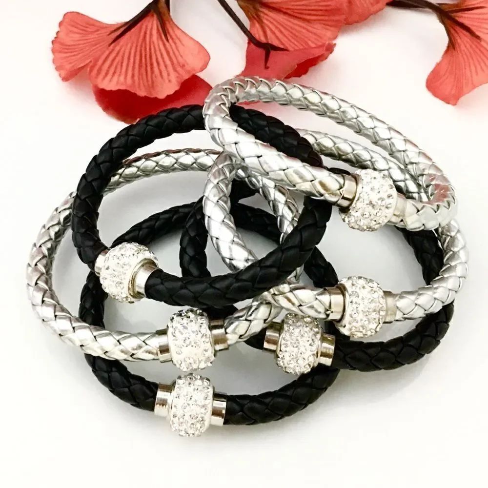 6 Cute Magnetic Disco Ball Rhinestones Clasp Silver & Black Bracelets 1046